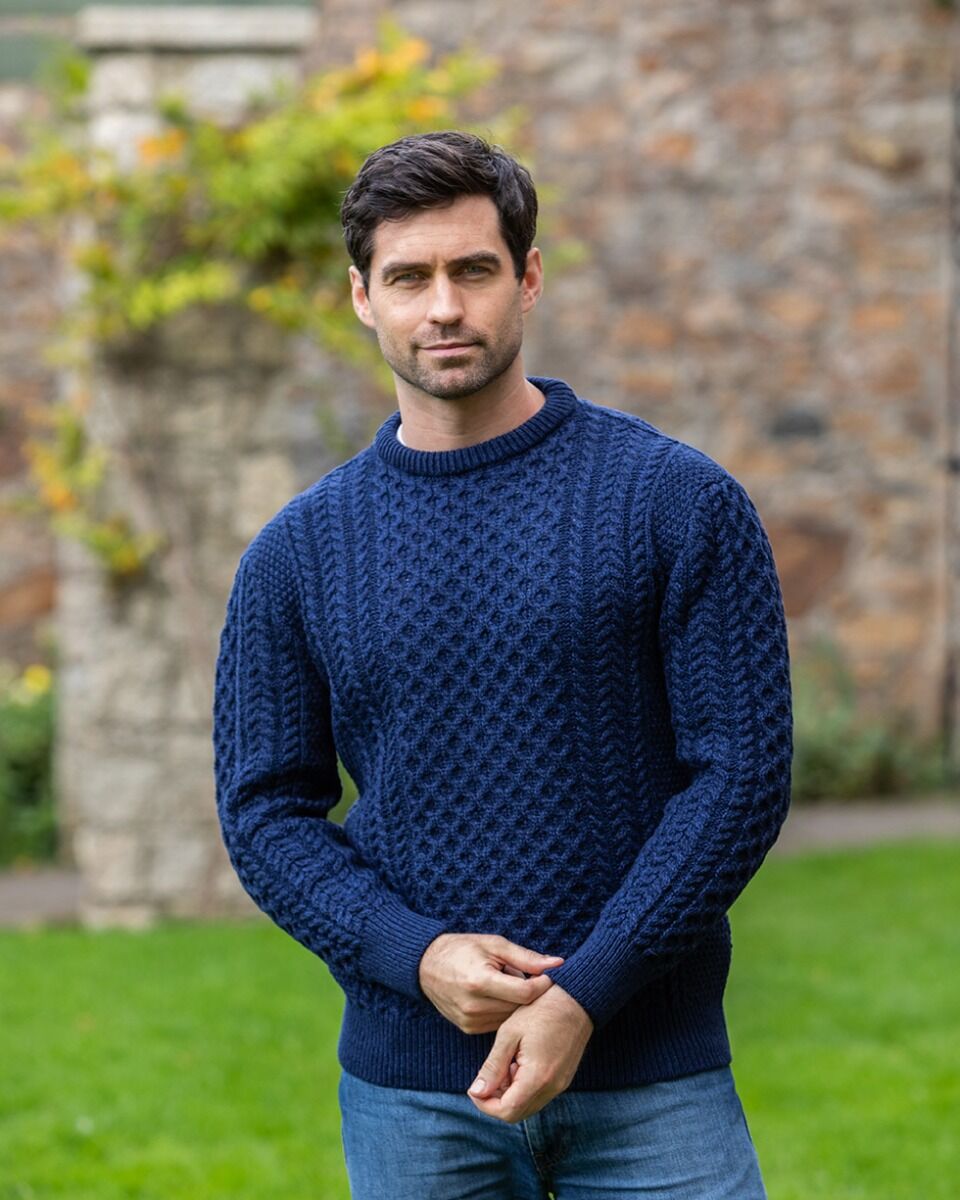 Unisex Merino Wool Aran Sweater - Deep Water Blue