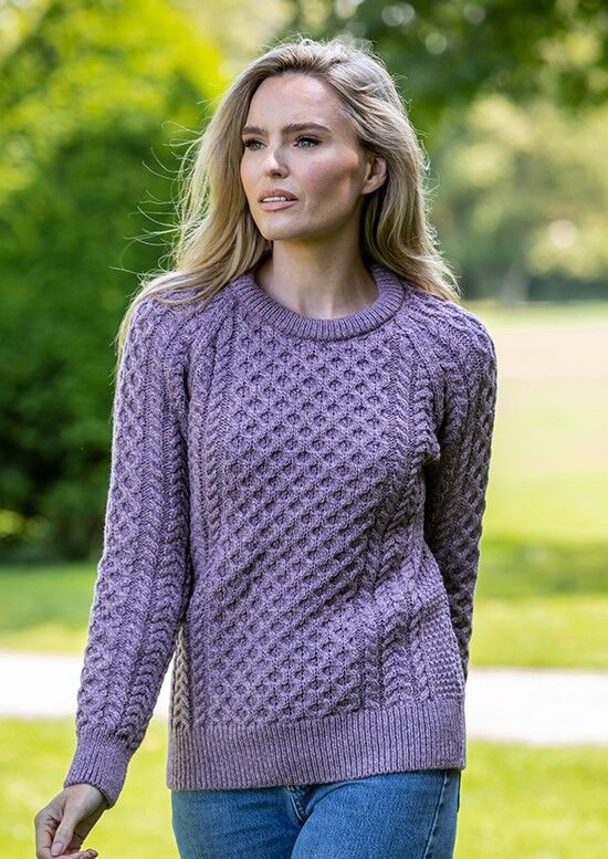 Ladies Merino Wool Fitted Aran Sweater Lavender