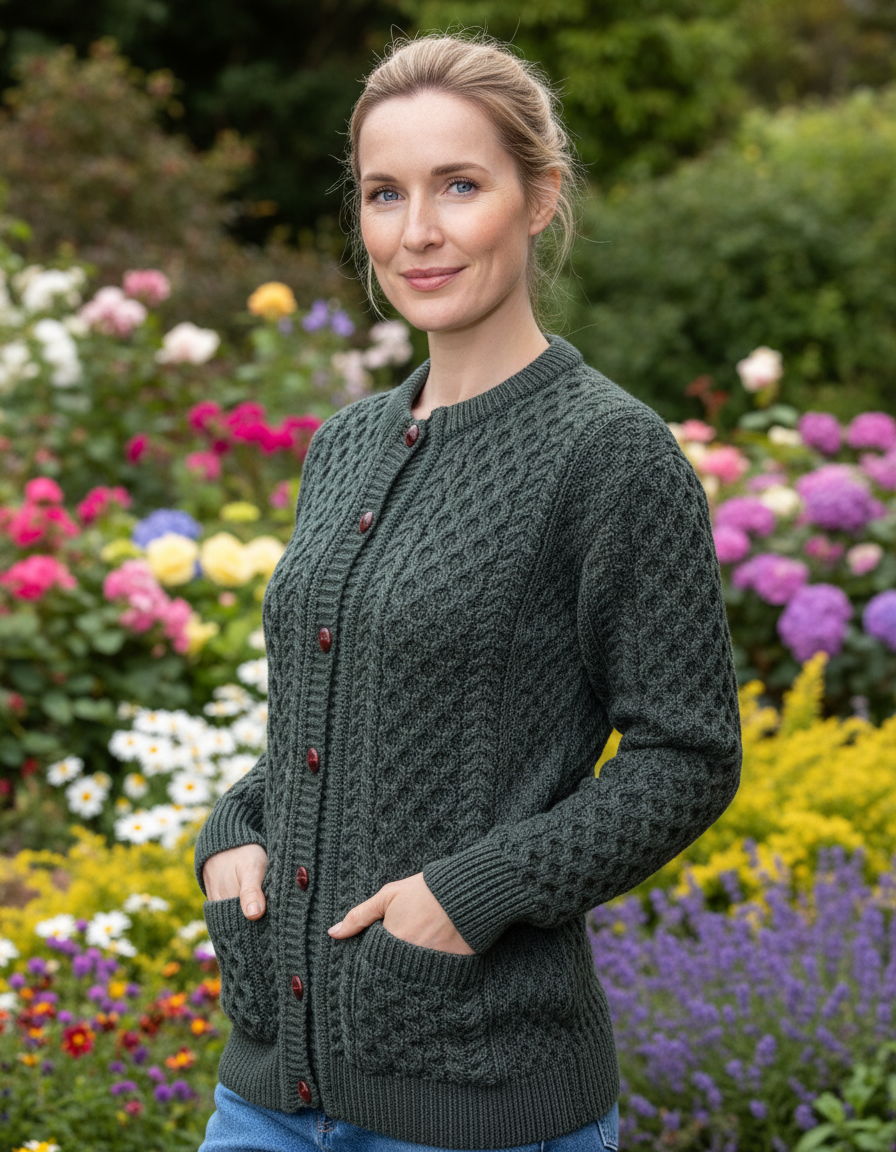 Irish Aran Cardigan Army Green