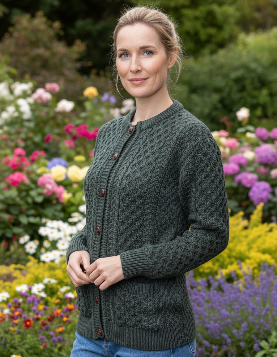 Irish Aran Cardigan Army Green
