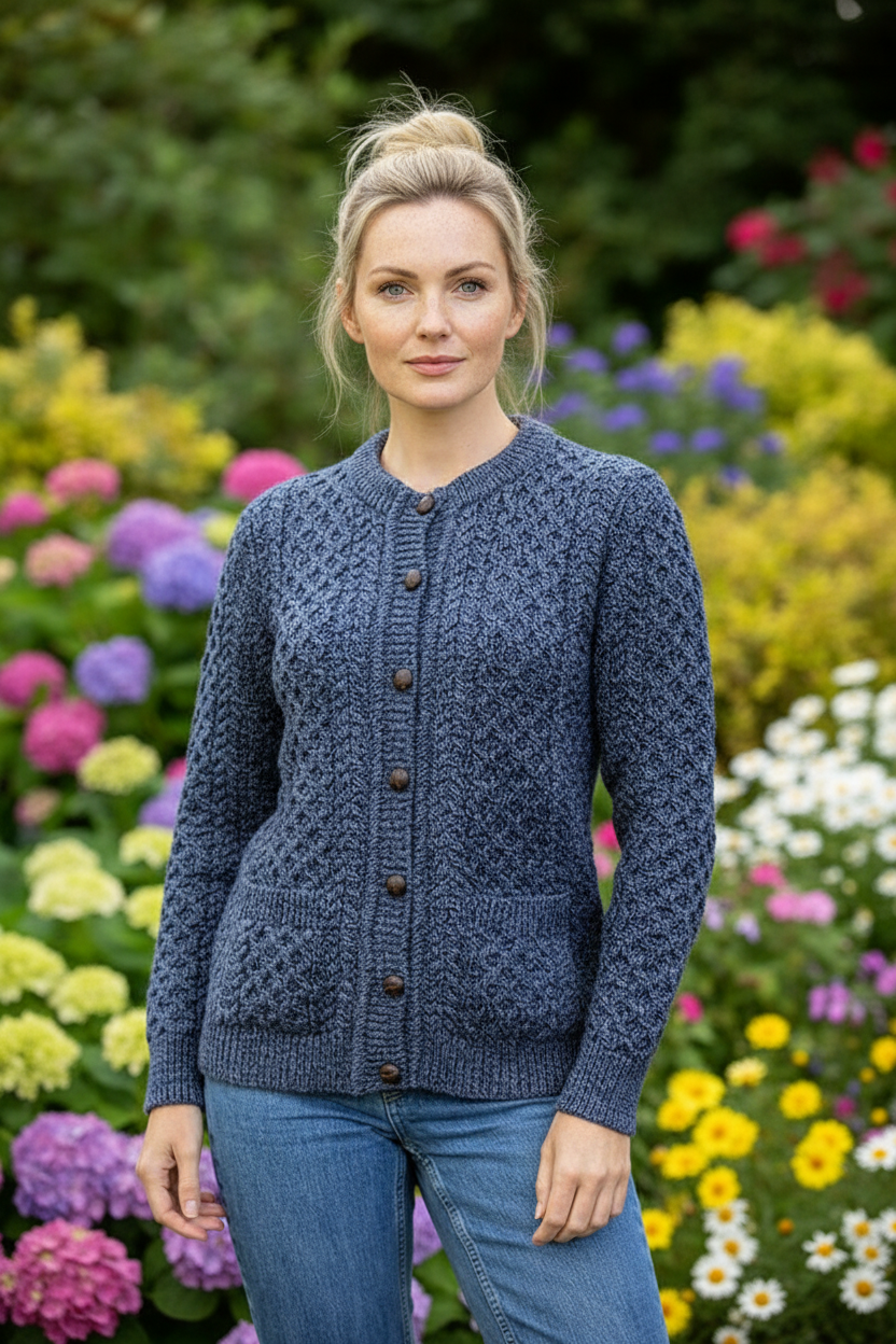 Ladies Cable Knit Cardigan Denim Marl