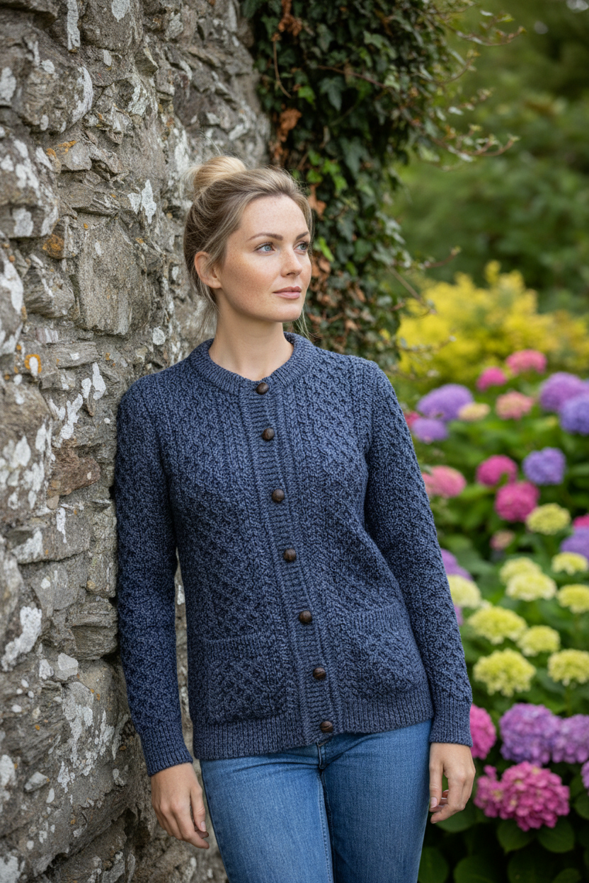 Ladies Cable Knit Cardigan Denim Marl