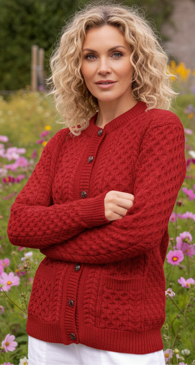 Irish Aran Cardigan Red