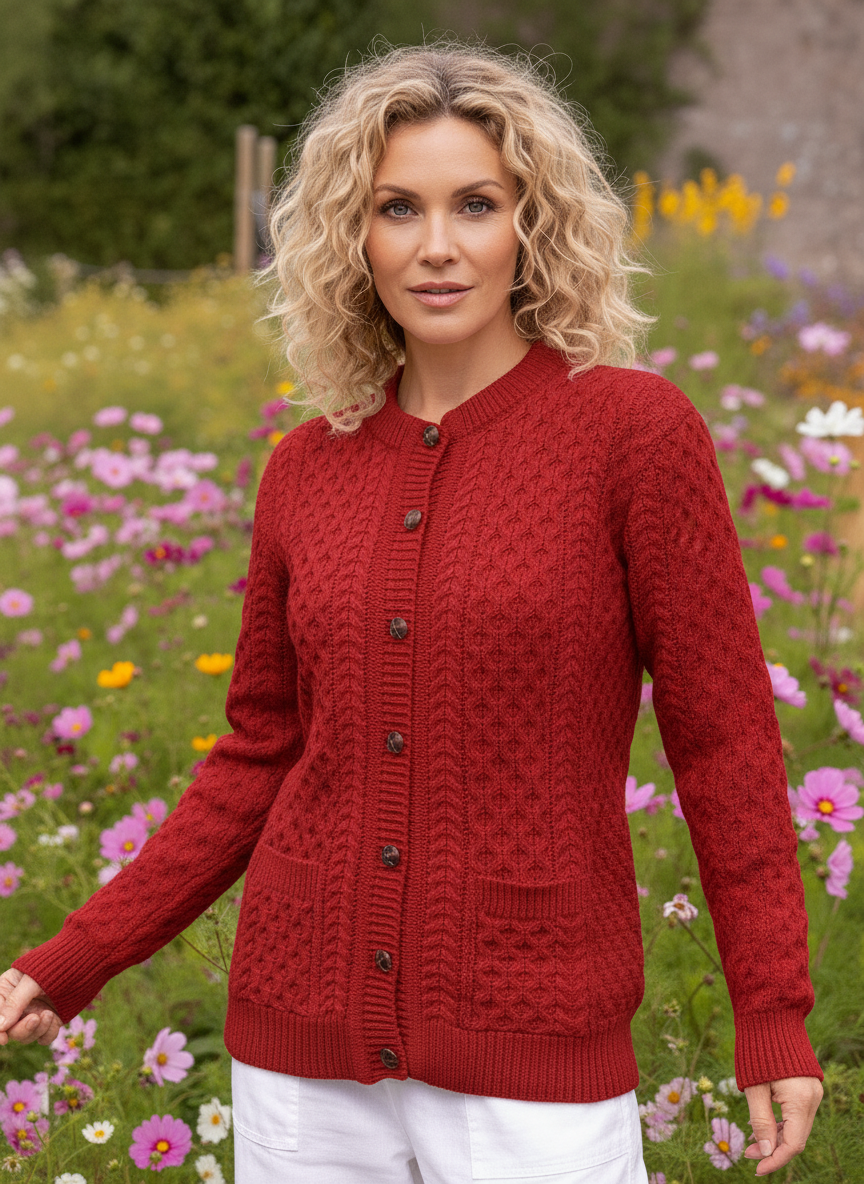 Irish Aran Cardigan Red