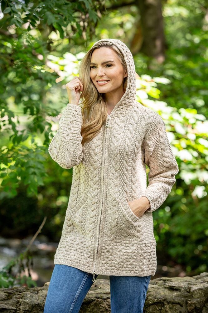 Aran Hooded Coat with Celtic Knot Zipper Oatmeal