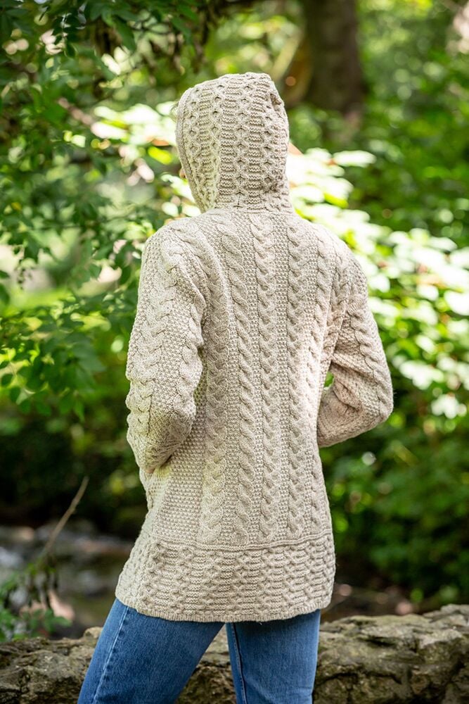 Aran Hooded Coat with Celtic Knot Zipper Oatmeal