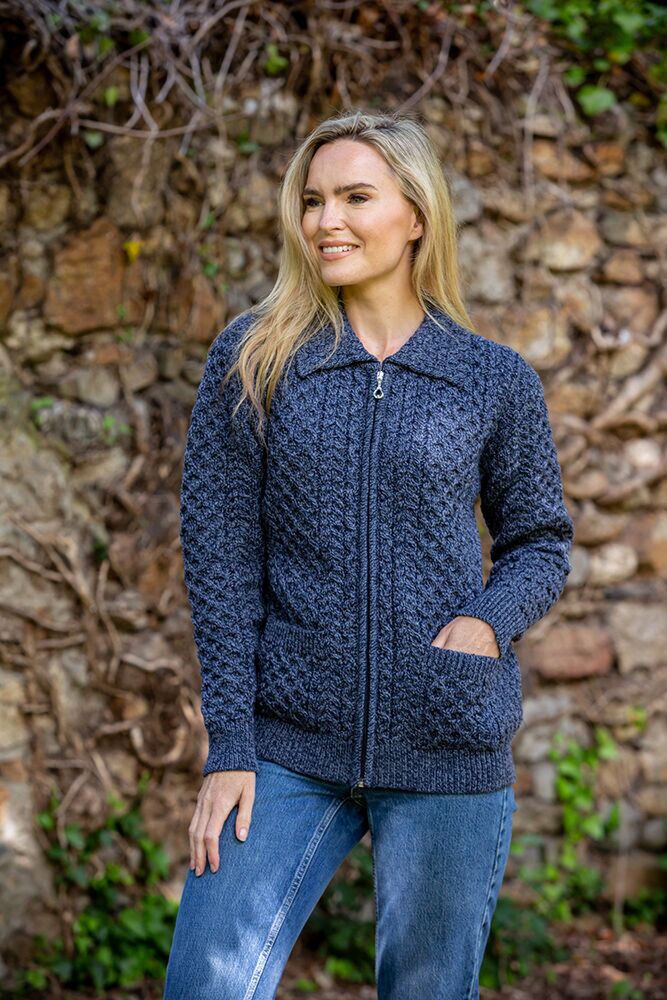 Aran Zip Cardigan with Collar - Denim Marl