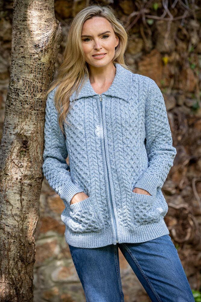 Irish Cardigan with Zip Sky Blue