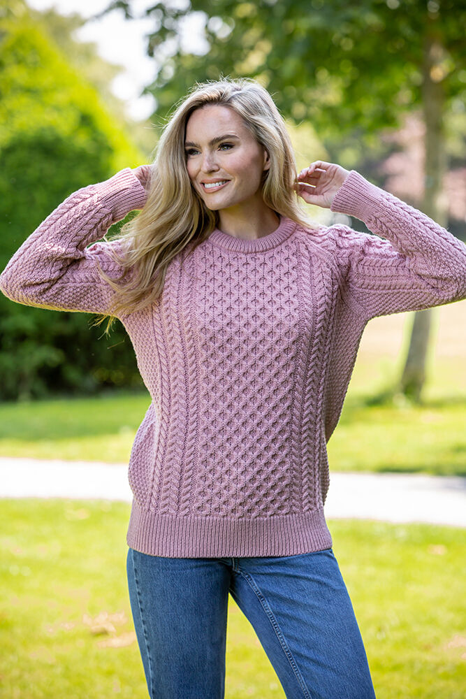 Ladies Merino Wool Fitted Aran Sweater Pink