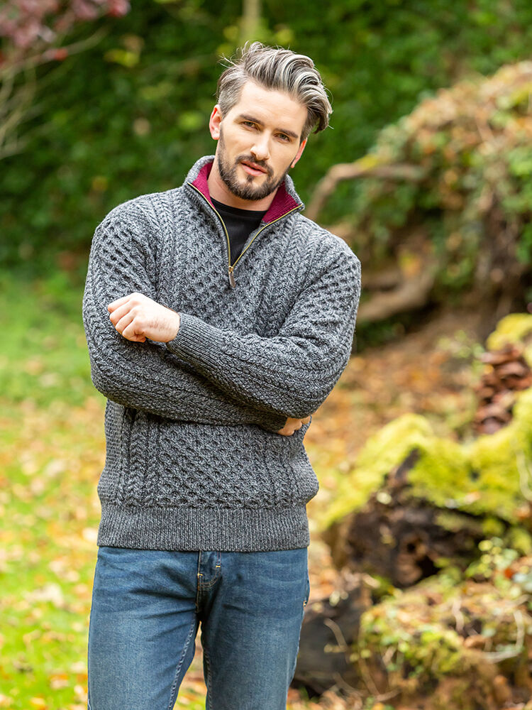 Aran Half Zip Sweater - 2507 Slate with wine collar