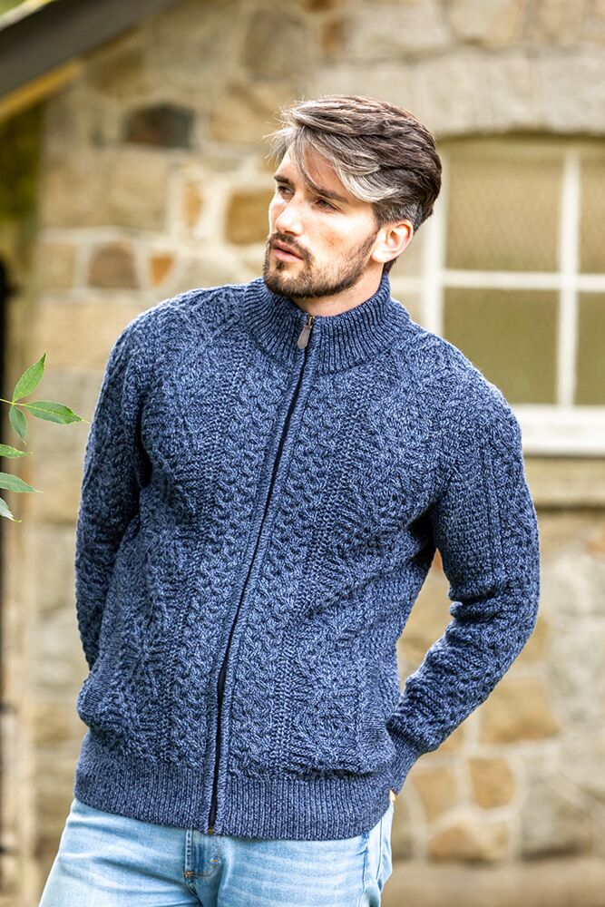 Mens Fisherman Full zip Cardigan Denim Marl