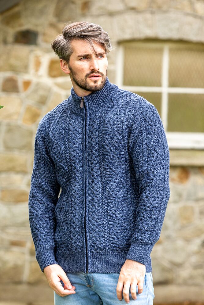 Mens Fisherman Full zip Cardigan Denim Marl