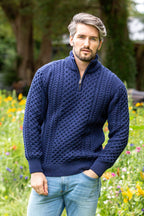 Mens Aran Half Zip Neck Sweater Deep Water Blue