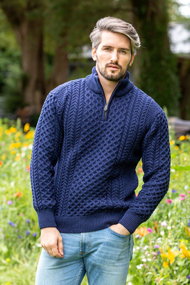 Mens Aran Half Zip Neck Sweater Deep Water Blue