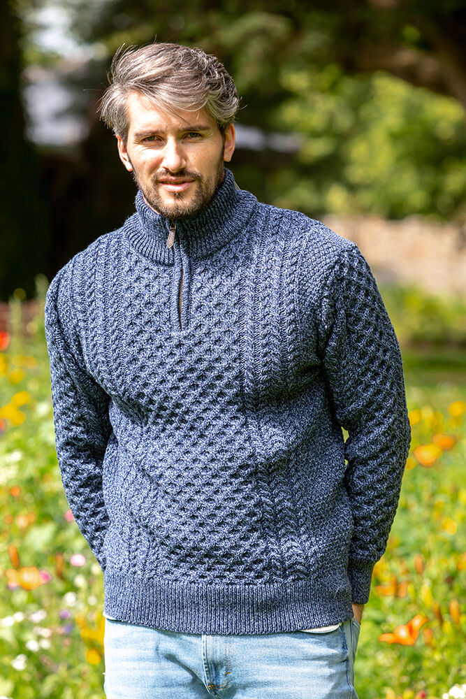 Mens Aran Half Zip Neck Sweater Denim Marl