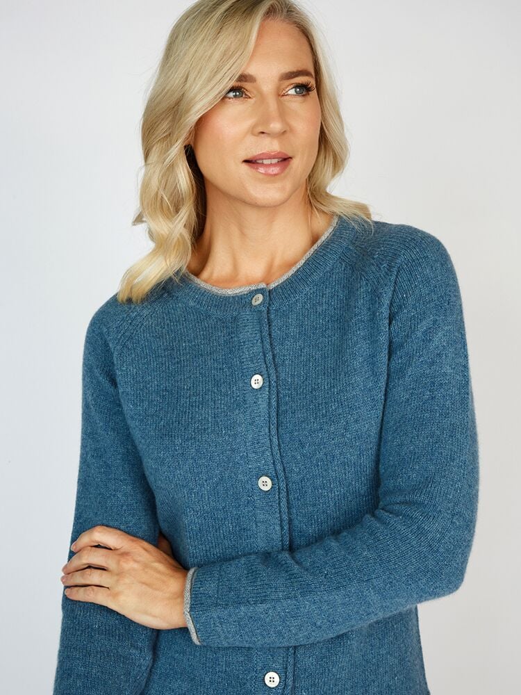 Ladies Wool and Cashmere Classic Cardigan Dusty Blue