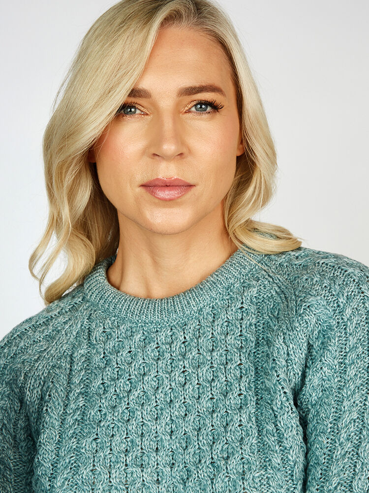 Ladies Merino Wool Fitted Aran Sweater Aqua