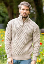 Mens Aran Half Zip Neck Sweater Beige