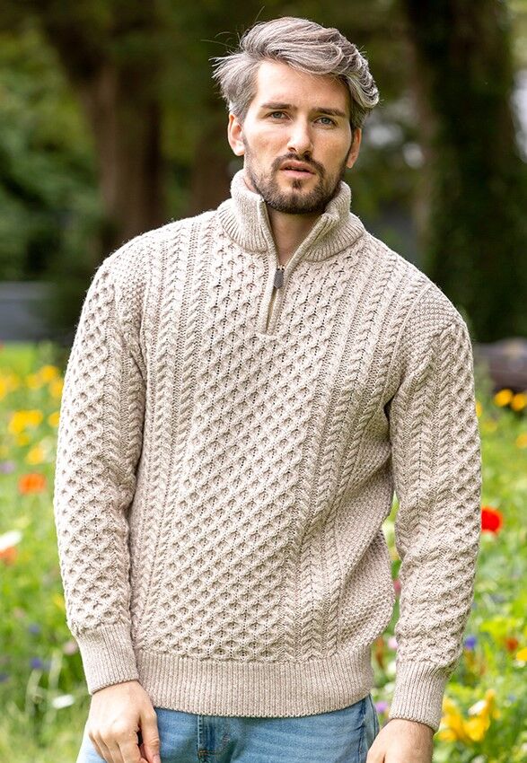 Mens Aran Half Zip Neck Sweater Beige