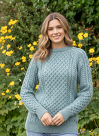 Ladies Merino Wool Fitted Aran Sweater Aqua