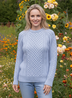 Ladies Merino Wool Fitted Aran Sweater Sky Blue