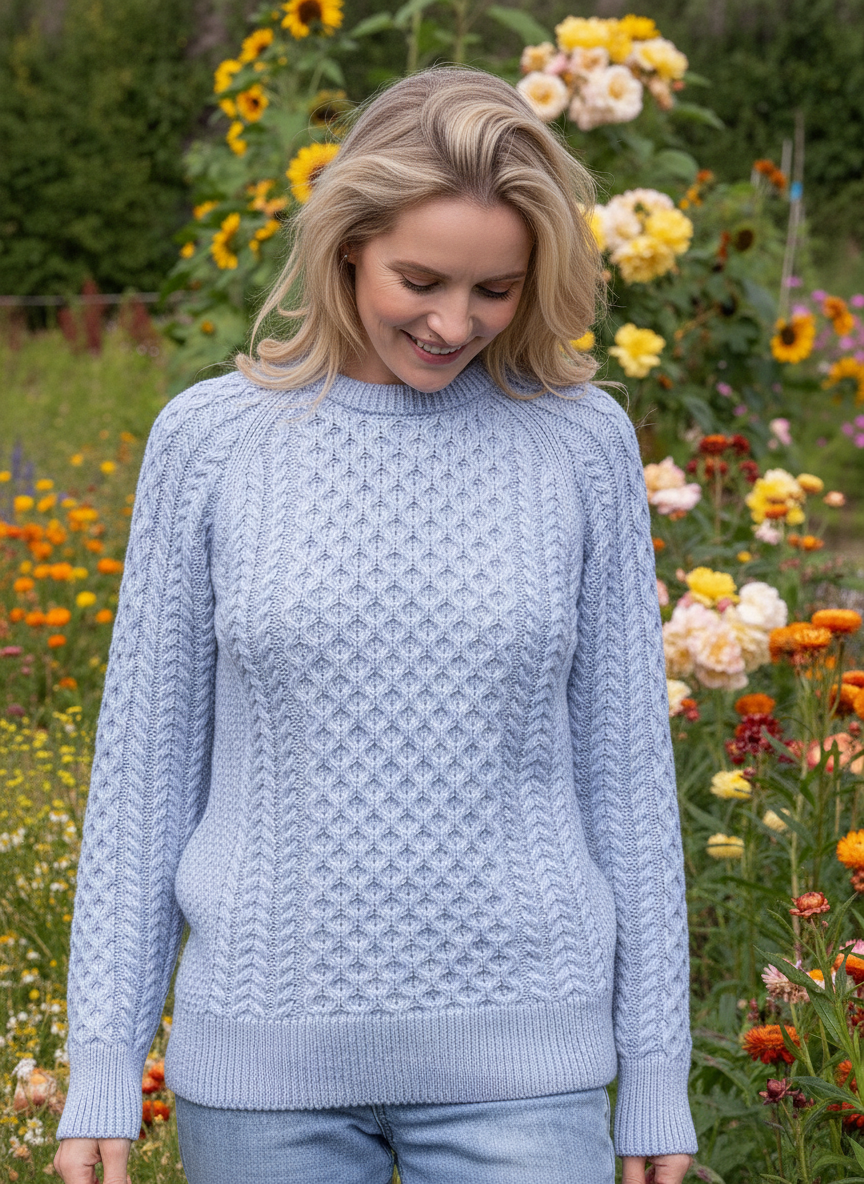 Ladies Merino Wool Fitted Aran Sweater Sky Blue