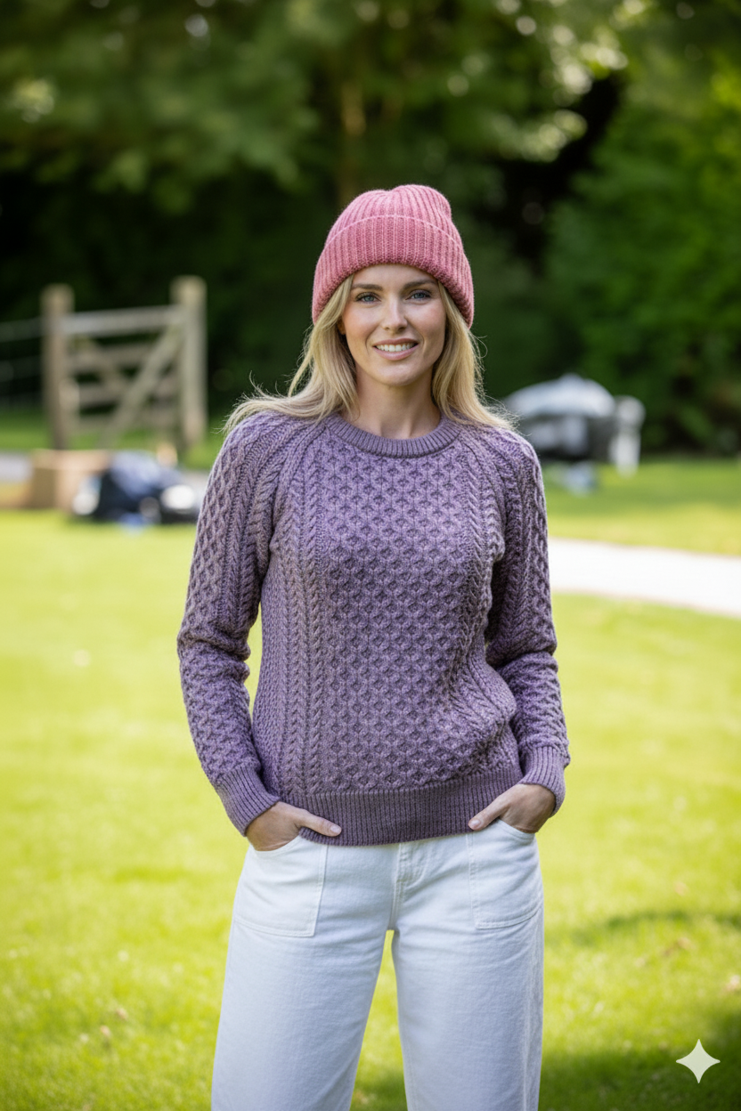 Ladies Merino Wool Fitted Aran Sweater Lavender