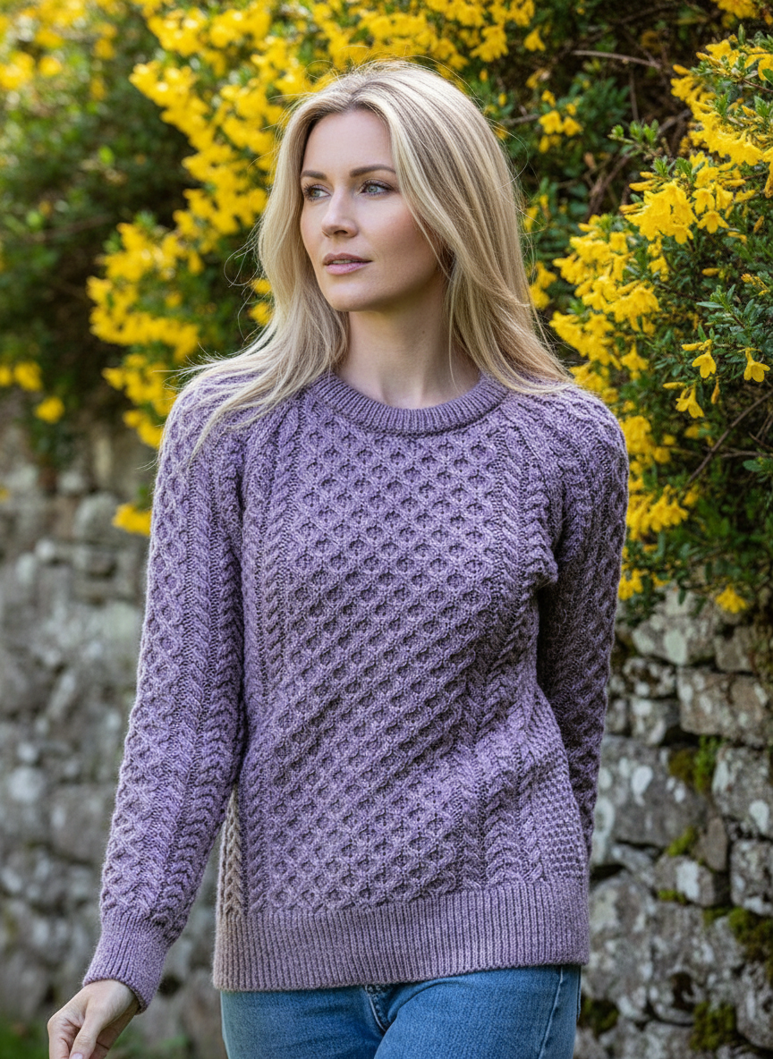 Ladies Merino Wool Fitted Aran Sweater Lavender