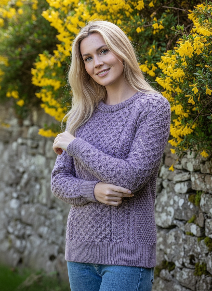 Ladies Merino Wool Fitted Aran Sweater Lavender