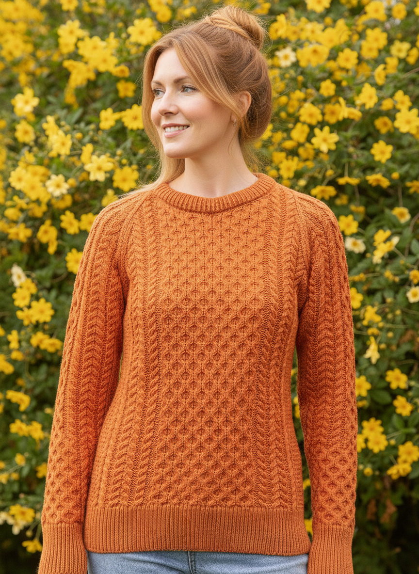 Woman wearing an orange sweater standing in front of yellow flowers