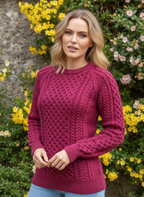 Ladies Merino Wool Fitted Aran Sweater Raspberry