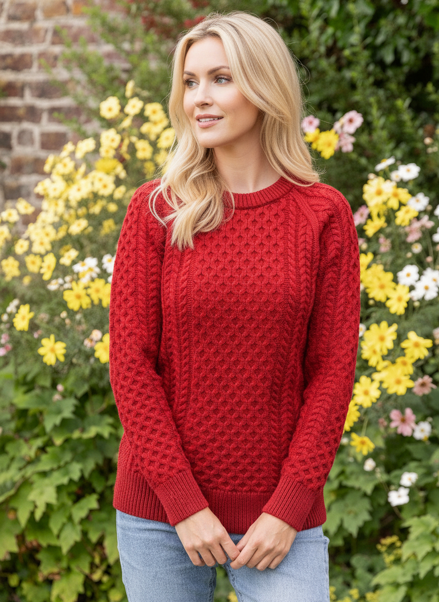 Woman wearing a red sweater standing in front of a floral background