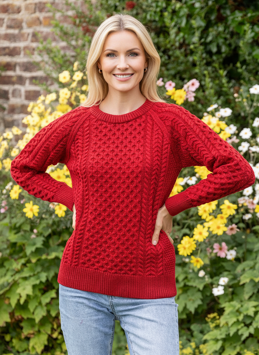 Ladies 100% Merino Wool Aran Sweater Red