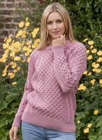 Ladies Merino Wool Fitted Aran Sweater Pink