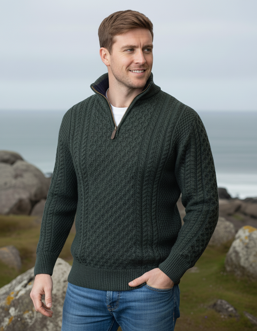 Mens Aran Half Zip Neck Sweater Army Green