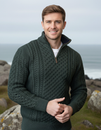 Mens Aran Half Zip Neck Sweater Army Green