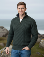Mens Aran Half Zip Neck Sweater Army Green