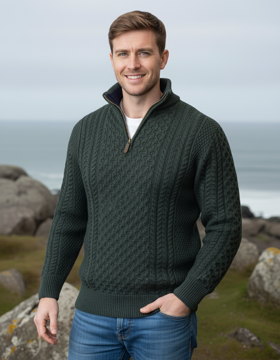 Mens Aran Half Zip Neck Sweater Army Green