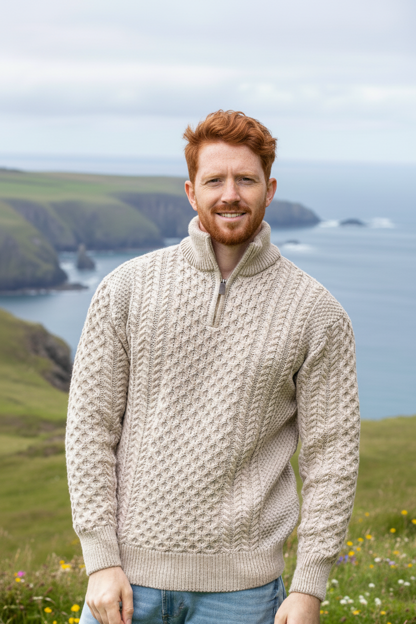 Mens Aran Half Zip Neck Sweater Beige