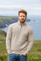 Mens Aran Half Zip Neck Sweater Beige