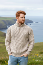 Mens Aran Half Zip Neck Sweater Beige