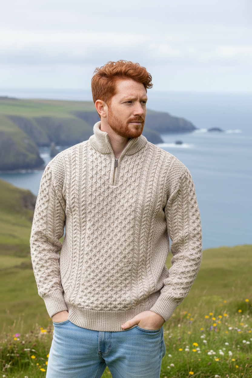 Mens Aran Half Zip Neck Sweater Beige