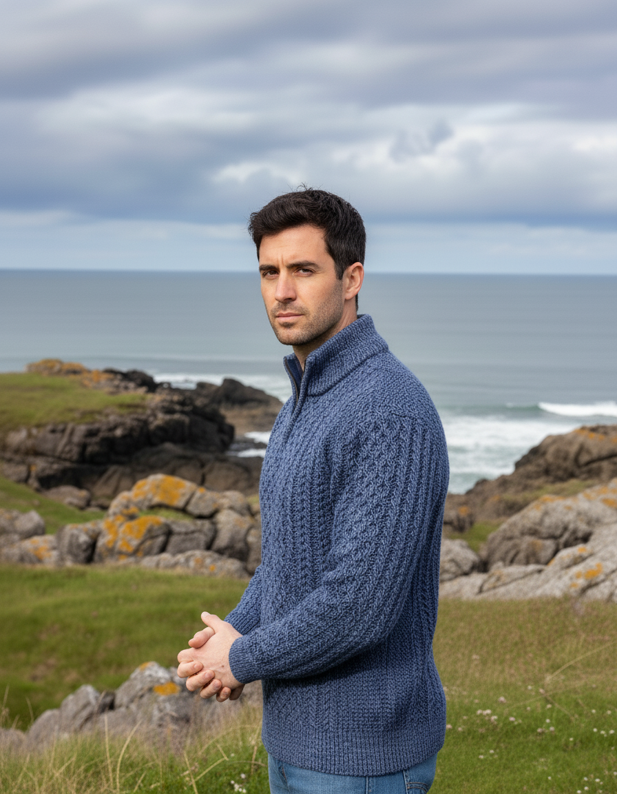 Mens Aran Half Zip Neck Sweater Denim Marl