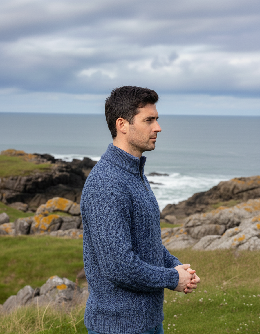 Mens Aran Half Zip Neck Sweater Denim Marl