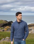 Mens Aran Half Zip Neck Sweater Denim Marl