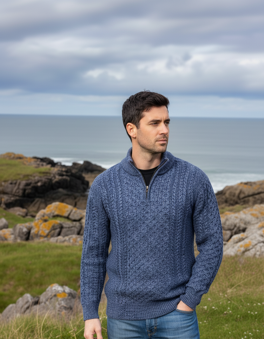 Mens Aran Half Zip Neck Sweater Denim Marl