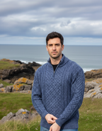 Mens Aran Half Zip Neck Sweater Denim Marl