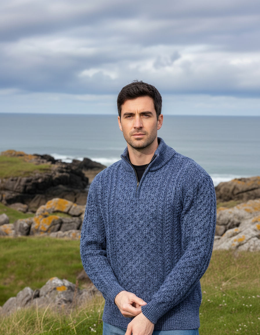 Mens Aran Half Zip Neck Sweater Denim Marl