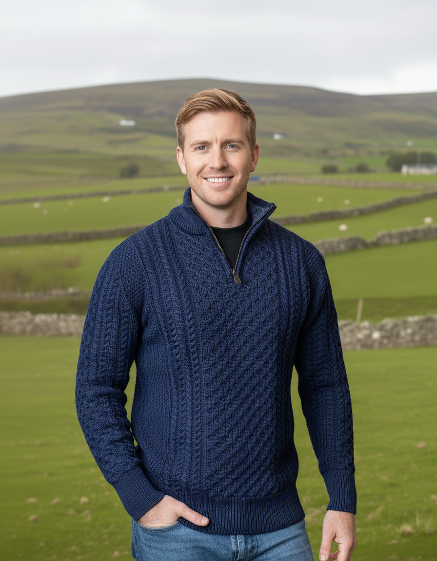 Mens Aran Half Zip Neck Sweater Deep Water Blue