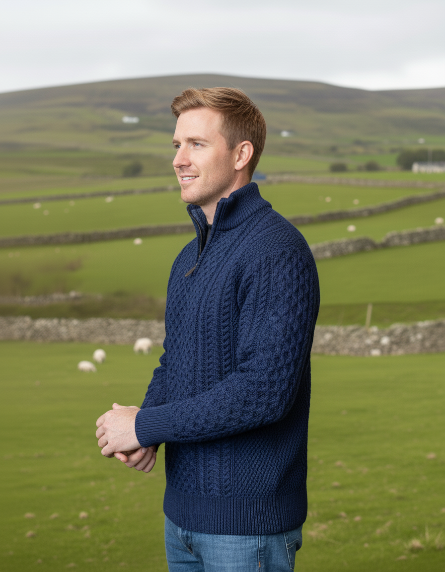 Mens Aran Half Zip Neck Sweater Deep Water Blue